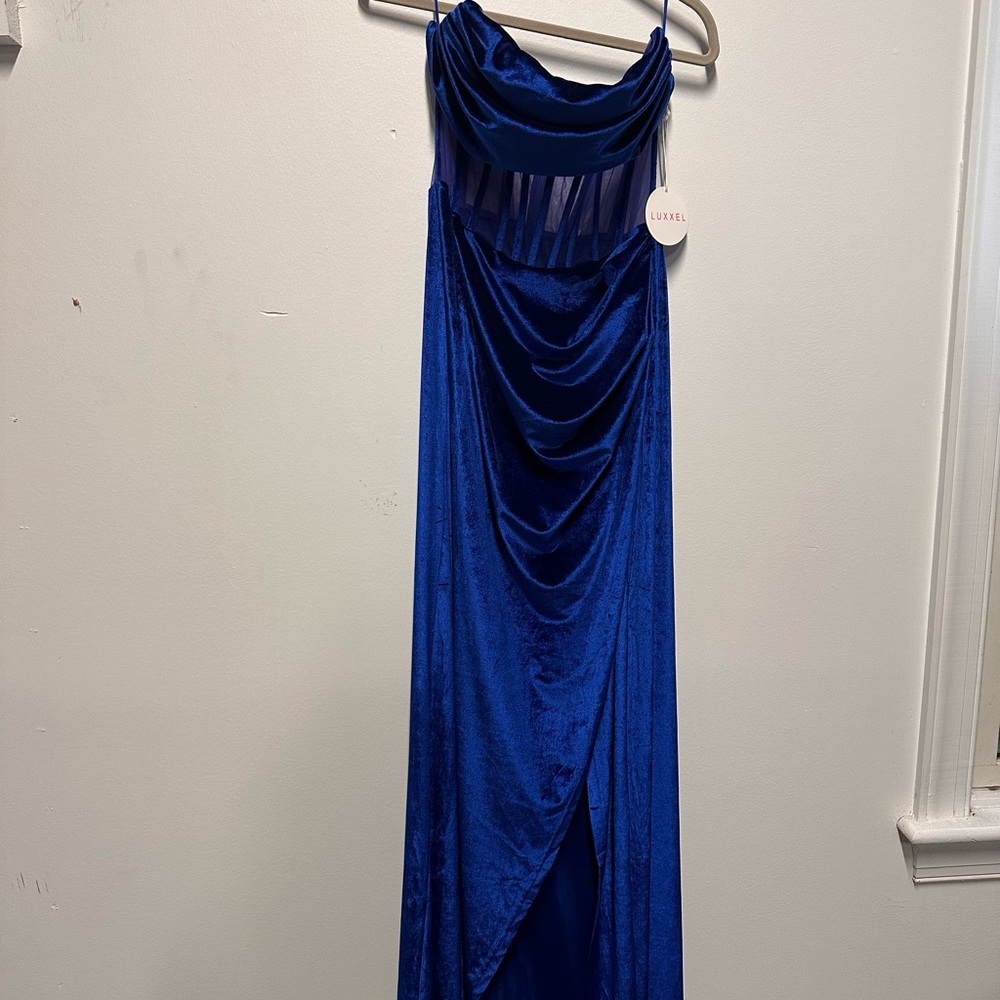 Luxxel Blue Velvet Strapless Corset Gown w/ Train
